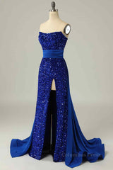 Royal Blue Mermaid Strapless Sequins Slit Long Corset Prom Dress outfits, Party Dress White