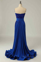 Royal Blue Mermaid Strapless Sequins Slit Long Corset Prom Dress outfits, Party Dresses Pink