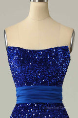 Royal Blue Mermaid Strapless Sequins Slit Long Corset Prom Dress outfits, Party Dress Satin