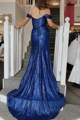 Royal Blue Off Shoulder Mermaid Corset Prom Dress with Slit Gowns, Royal Blue Off Shoulder Mermaid Prom Dress with Slit