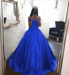 Royal Blue Corset Prom Dresses Satin,Off the Shoulder Appliqued Quinceanera Dresses Sweep Train outfits, Orange Dress