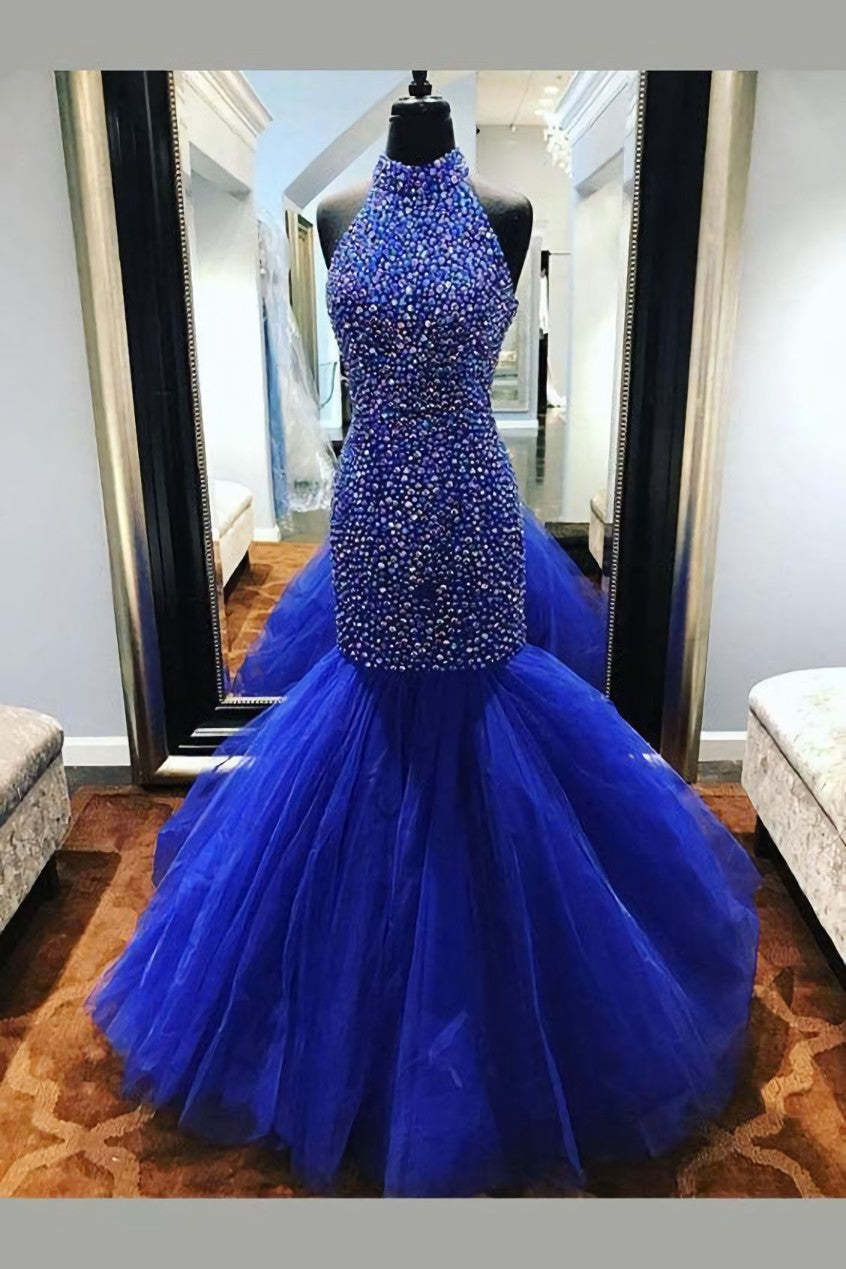 Royal Blue Rhinestones Corset Prom Dress Mermaid Tulle Skirt,Celebrity Dress Outfits, Bridesmaid Dresses 2035