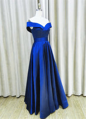 Royal Blue Satin A-line Simple Off Shoulder Corset Prom Dress, Blue Corset Bridesmaid Dress outfit, Party Dresses For Over 57S