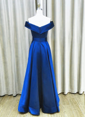 Royal Blue Satin A-line Simple Off Shoulder Corset Prom Dress, Blue Corset Bridesmaid Dress outfit, Party Dress For Over 57