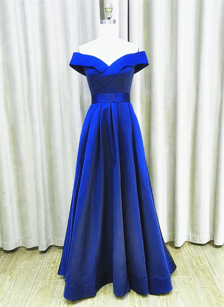 Royal Blue Satin A-line Simple Off Shoulder Corset Prom Dress, Blue Corset Bridesmaid Dress outfit, Party Dress Over 57