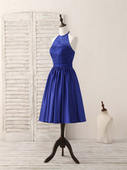 Royal Blue Satin Beads Short Corset Prom Dress Blue Corset Homecoming Dress outfit, Glam Dress