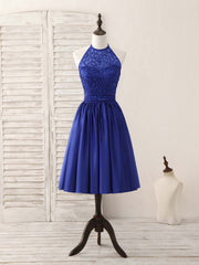 Royal Blue Satin Beads Short Corset Prom Dress Blue Corset Homecoming Dress outfit, Party Dress Long Sleeve Mini