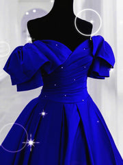 Royal Blue Satin Long Sweetheart Party Dress, Blue Satin Corset Prom Dress outfits, Party Dress Long Sleeve Mini