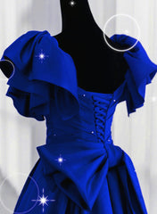 Royal Blue Satin Long Sweetheart Party Dress, Blue Satin Corset Prom Dress outfits, Glam Dress