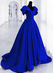 Royal Blue Satin Long Sweetheart Party Dress, Blue Satin Corset Prom Dress outfits, White Prom Dress