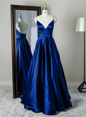 Royal Blue Satin Straps V-neckline Long Corset Formal Dress, Royal Blue Corset Prom Dress Evening Dress outfit, Bridesmaid Dress White