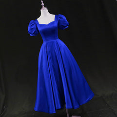 Royal Blue Satin Tea Length Corset Wedding Party Dress, Blue Corset Prom Corset Homecoming Dress outfit, Wedding Dresses Sleeve