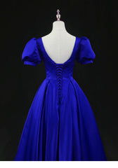 Royal Blue Satin Tea Length Corset Wedding Party Dress, Blue Corset Prom Corset Homecoming Dress outfit, Wedding Dress Sleevs