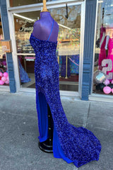 Royal Blue Sequin One-Shoulder Backless Long Corset Prom Dresses with Slit,Evening Party Dress Outfits, Summer Wedding Color