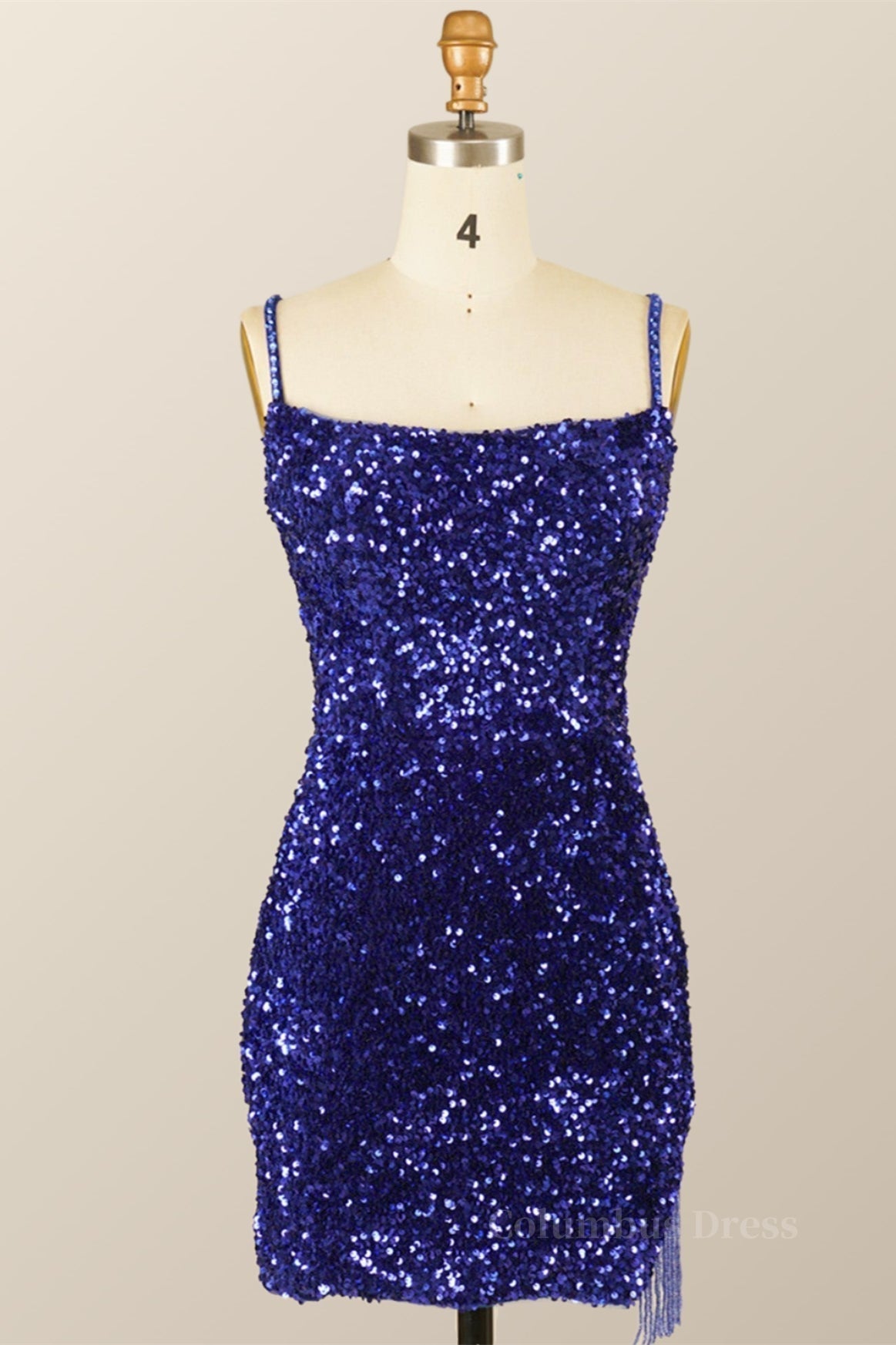 Royal Blue Sequin Tassels Bodycon Mini Dress outfit, Bridesmaid Dress With Lace