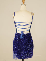 Royal Blue Sequin Tassels Bodycon Mini Dress outfit, Bridesmaid Dresses With Lace