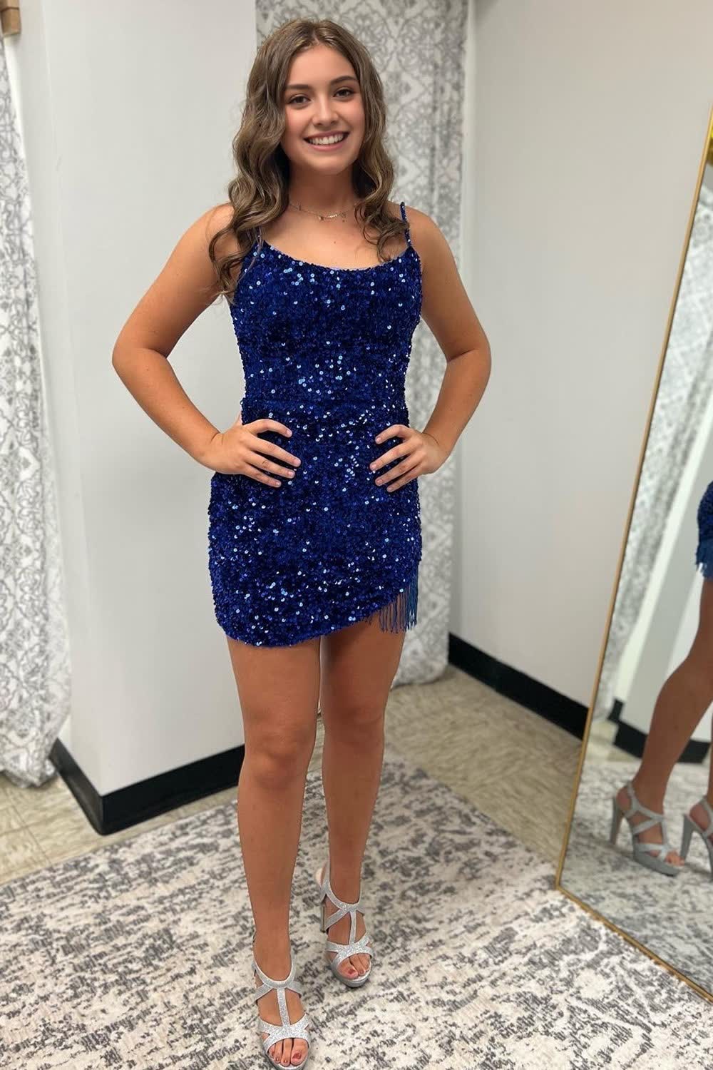 Royal Blue Sequined Tight Corset Homecoming Dress with Fringes outfit, Royal Blue Sequined Tight Homecoming Dress with Fringes