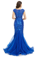 Royal Blue Sequined Tulle Mermaid Cap Sleeve Scoop Neck Corset Formal Gowns outfit, Evening Dresses Gold