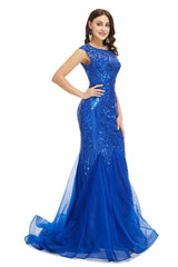 Royal Blue Sequined Tulle Mermaid Cap Sleeve Scoop Neck Corset Formal Gowns outfit, Evening Dresses 27