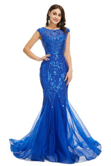 Royal Blue Sequined Tulle Mermaid Cap Sleeve Scoop Neck Corset Formal Gowns outfit, Evening Dresses For Over 67S