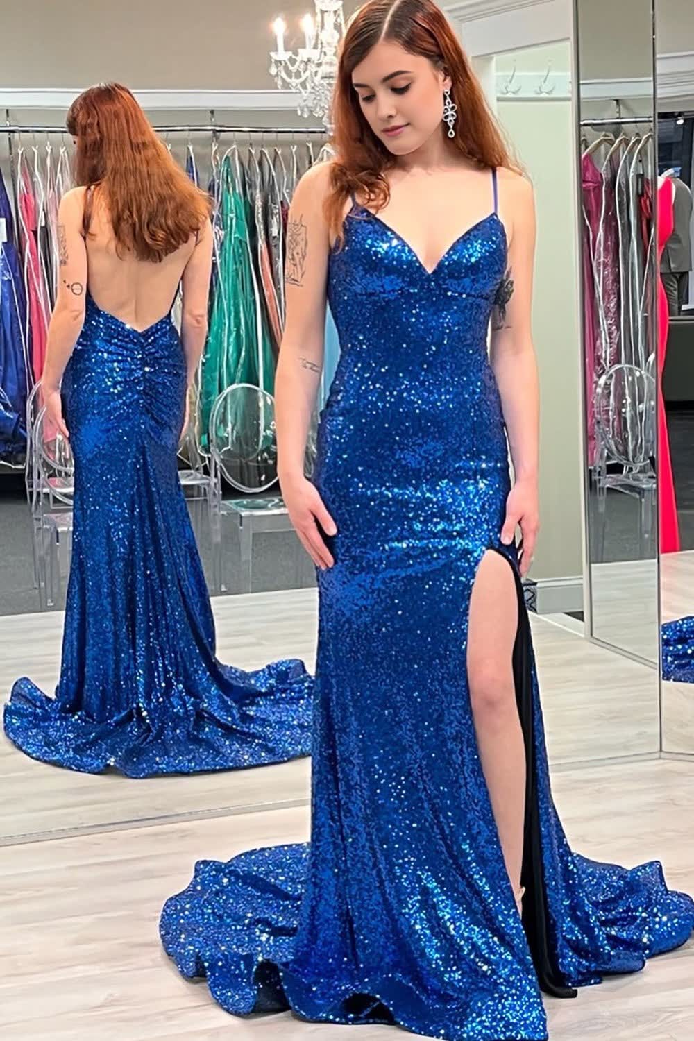 Royal Blue Sequins Backless Mermaid Corset Prom Dress with Slit Gowns, Royal Blue Sequins Backless Mermaid Prom Dress with Slit