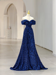 Royal Blue Sequins Long Corset Prom Dress,Off the Shoulder Corset Formal Evening Dresses outfit, Bridesmaids Dresses Floral