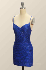 Royal Blue Sheath Lace-Up Back Pleated Sequins Mini Corset Homecoming Dress outfit, Formal Dresses Long Gowns