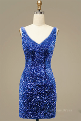Royal Blue Sheath V Neck Straps Back Sequins Mini Corset Homecoming Dress outfit, Formal Dresses To Wear To A Wedding