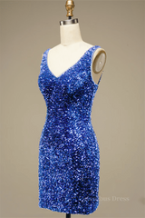 Royal Blue Sheath V Neck Straps Back Sequins Mini Corset Homecoming Dress outfit, Formal Dress Inspo