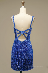 Royal Blue Sheath V Neck Straps Back Sequins Mini Corset Homecoming Dress outfit, Formal Dresses Graduation