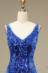 Royal Blue Sheath V Neck Straps Back Sequins Mini Corset Homecoming Dress outfit, Formal Dresses And Evening Gowns
