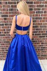 Royal Blue Spaghetti Straps Long Corset Prom Dress with Pockets Gowns, Royal Blue Spaghetti Straps Long Prom Dress with Pockets