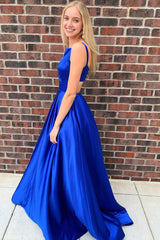 Royal Blue Spaghetti Straps Long Corset Prom Dress with Pockets Gowns, Royal Blue Spaghetti Straps Long Prom Dress with Pockets