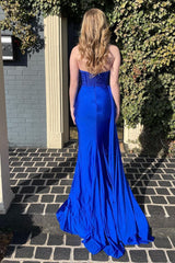 Royal Blue Strapless Sequins Corset Prom Dress with Slit Gowns, Royal Blue Strapless Sequins Prom Dress with Slit