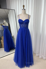 Royal Blue Straps Appliques A-line Tulle Long Corset Prom Dress outfits, Prom Dresses Long Mermaid