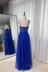 Royal Blue Straps Appliques A-line Tulle Long Corset Prom Dress outfits, Prom Dress Purple