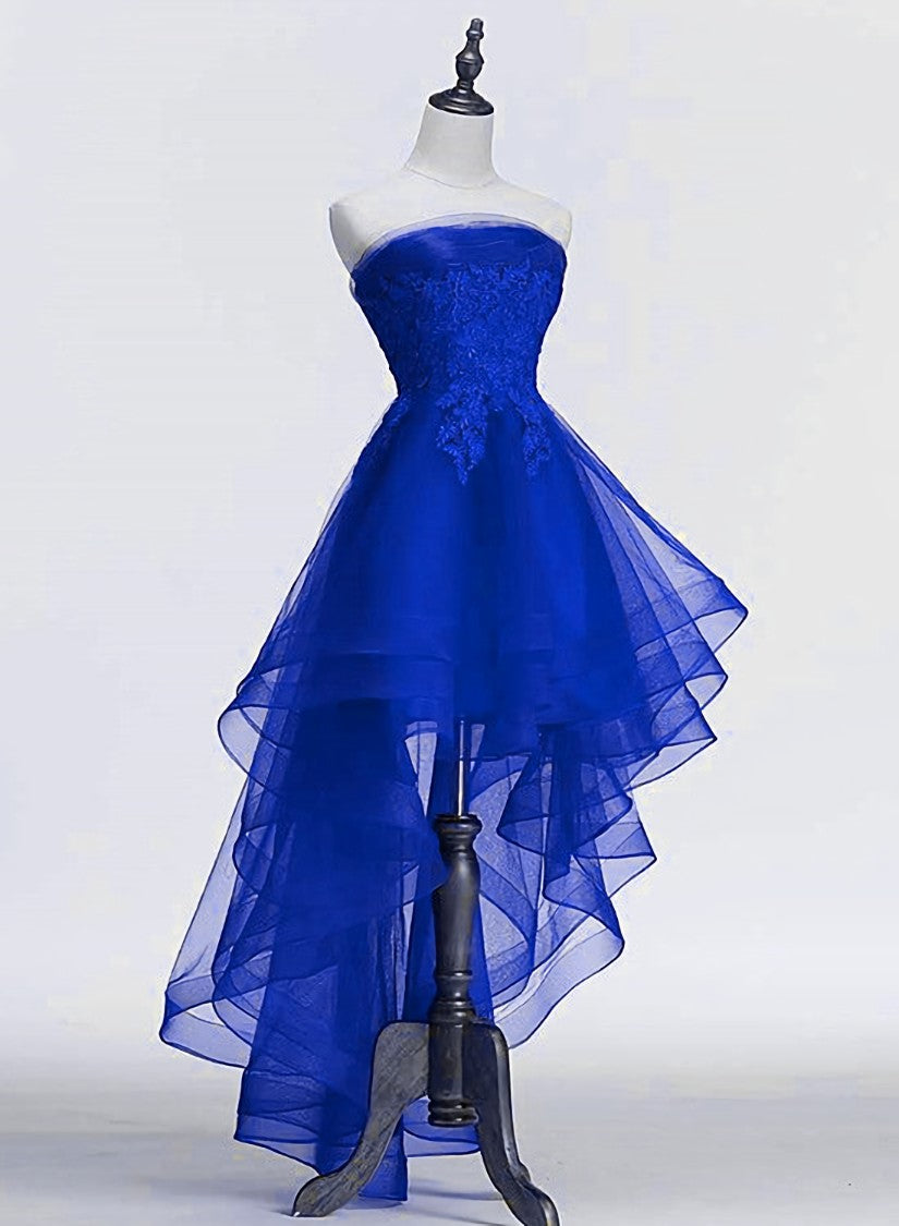 Royal Blue Tulle with Lace Applique High Low Party Dress, Blue Corset Homecoming Dress outfit, Party Dress Cocktail