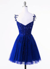 Royal Blue Tulle with Lace Applique Short Corset Formal Dress, Royal Blue Corset Homecoming Dress outfit, Bridesmaid Dresses Cheap