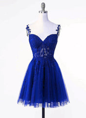 Royal Blue Tulle with Lace Applique Short Corset Formal Dress, Royal Blue Corset Homecoming Dress outfit, Bridesmaid Dresses Colorful