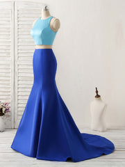 Royal Blue Two Pieces Satin Long Corset Prom Dress, Blue Evening Dress outfit, Formal Dressing Style
