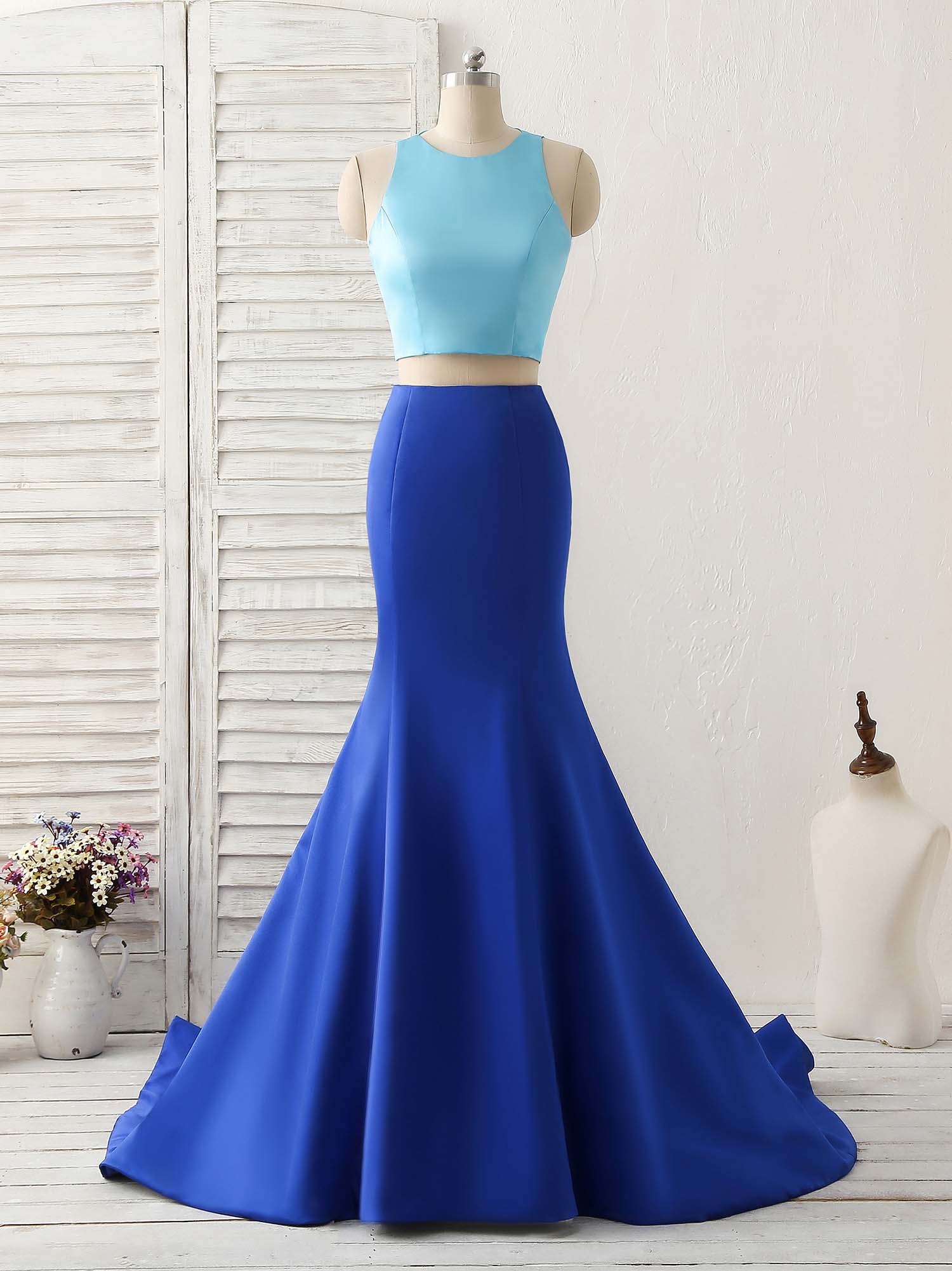 Royal Blue Two Pieces Satin Long Corset Prom Dress, Blue Evening Dress outfit, Formal Dress Outfit