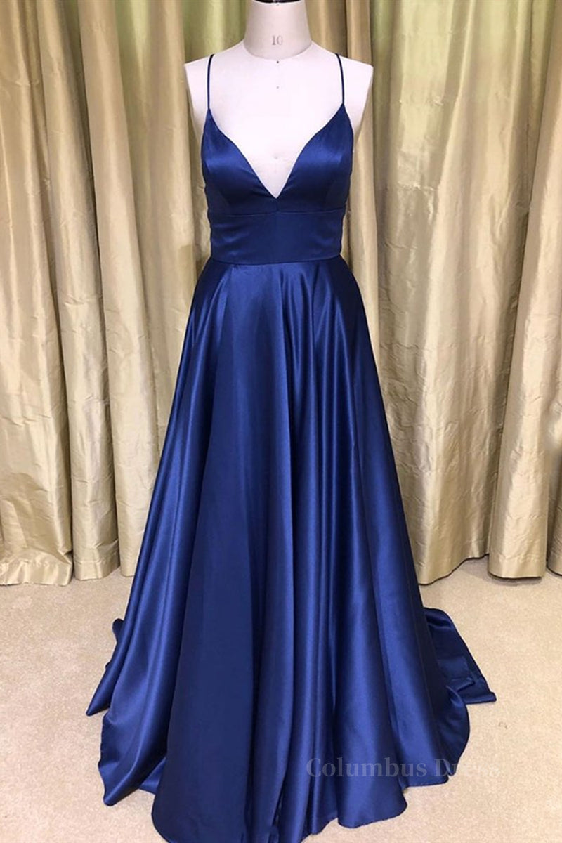 Royal Blue V Neck Backless Satin Long Corset Prom Dresses, Royal Blue Corset Formal Dresses, Backless Royal Blue Evening Dresses outfit, Evening Dresses Open Back