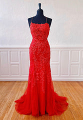 Red Lace Long Corset Prom Dresses, Mermaid Evening Dresses outfit, Party Dresses Outfits