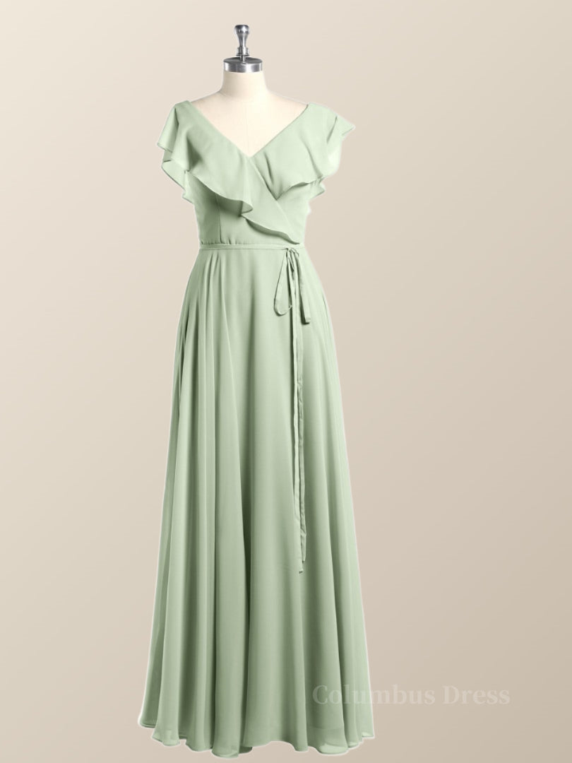 Ruffles V Neck Sage Green Chiffon Long Corset Bridesmaid Dress outfit, Bridesmaid Dress Designs