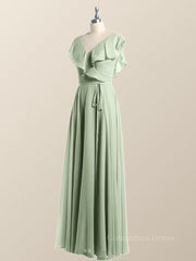 Ruffles V Neck Sage Green Chiffon Long Corset Bridesmaid Dress outfit, Bridesmaid Dresses Designs