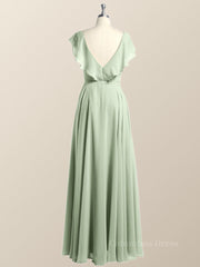 Ruffles V Neck Sage Green Chiffon Long Corset Bridesmaid Dress outfit, Bridesmaid Dress Designer
