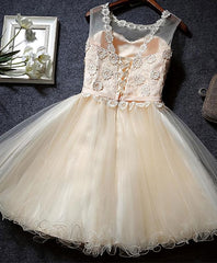 Cute Champagne A Line Lace Short Corset Prom Dress, Corset Homecoming Dress outfit, Prom Dress Black