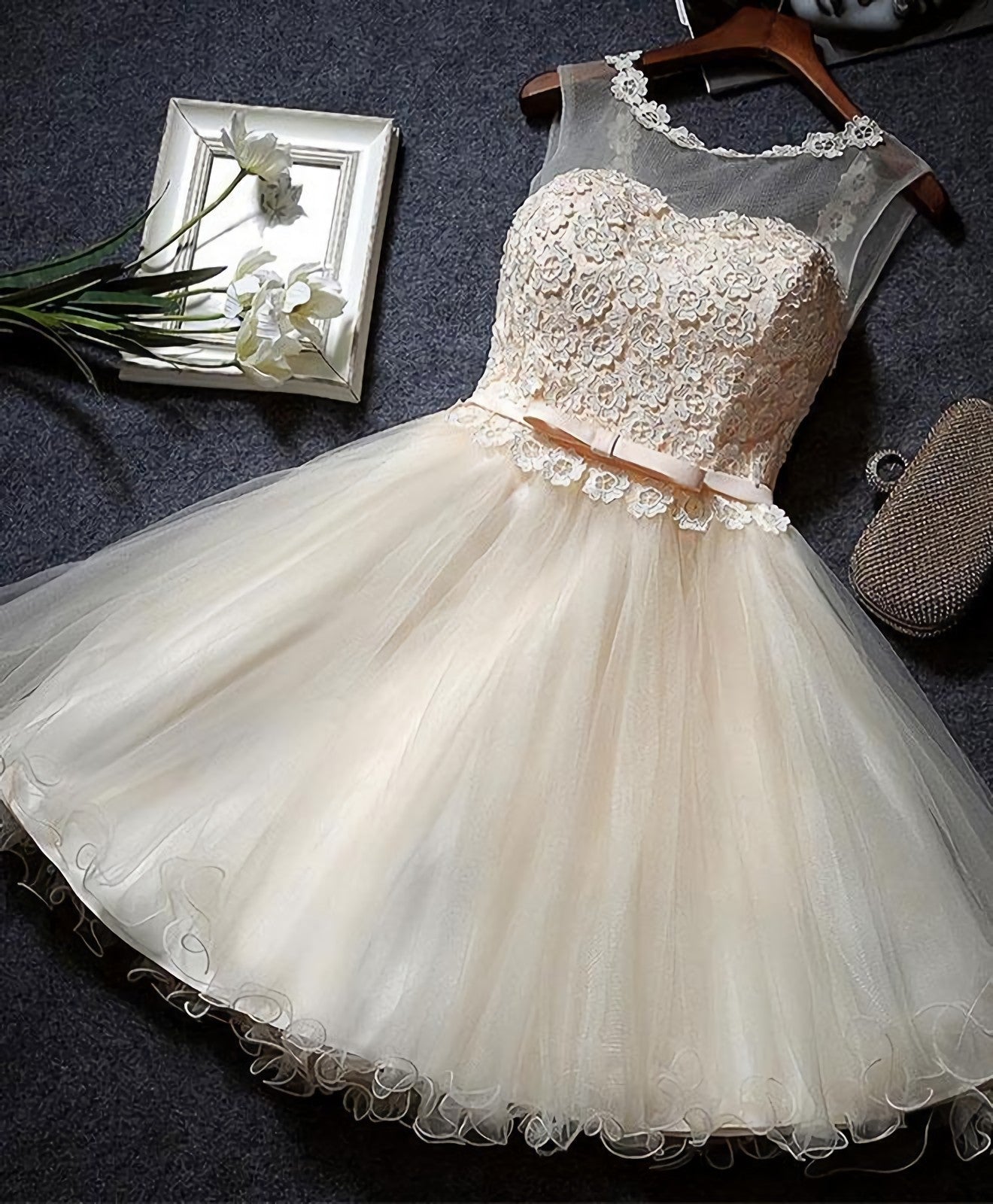 Cute Champagne A Line Lace Short Corset Prom Dress, Corset Homecoming Dress outfit, Orange Dress
