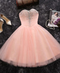 Pink A Line Sweetheart Neck Short Corset Prom Dress, Corset Homecoming Dresses outfit, Evening Dress Maxi Long Sleeve