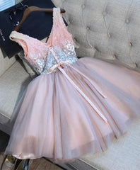 Cute Pink V Neck Tulle Seqsuins Short Corset Prom Dress, Cocktail Dress outfit, Elegant Gown
